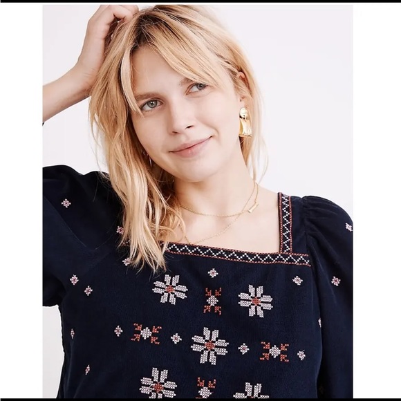 Madewell embroidered babydoll peplum corduroy top - Picture 2 of 5